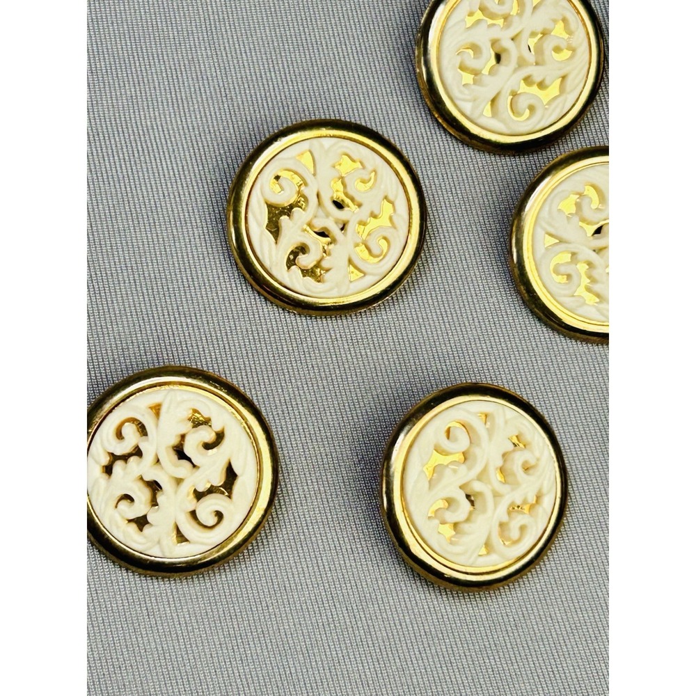 Gold Tone & Ivory Lace Vintage Plastic Shank Buttons Set Of 9